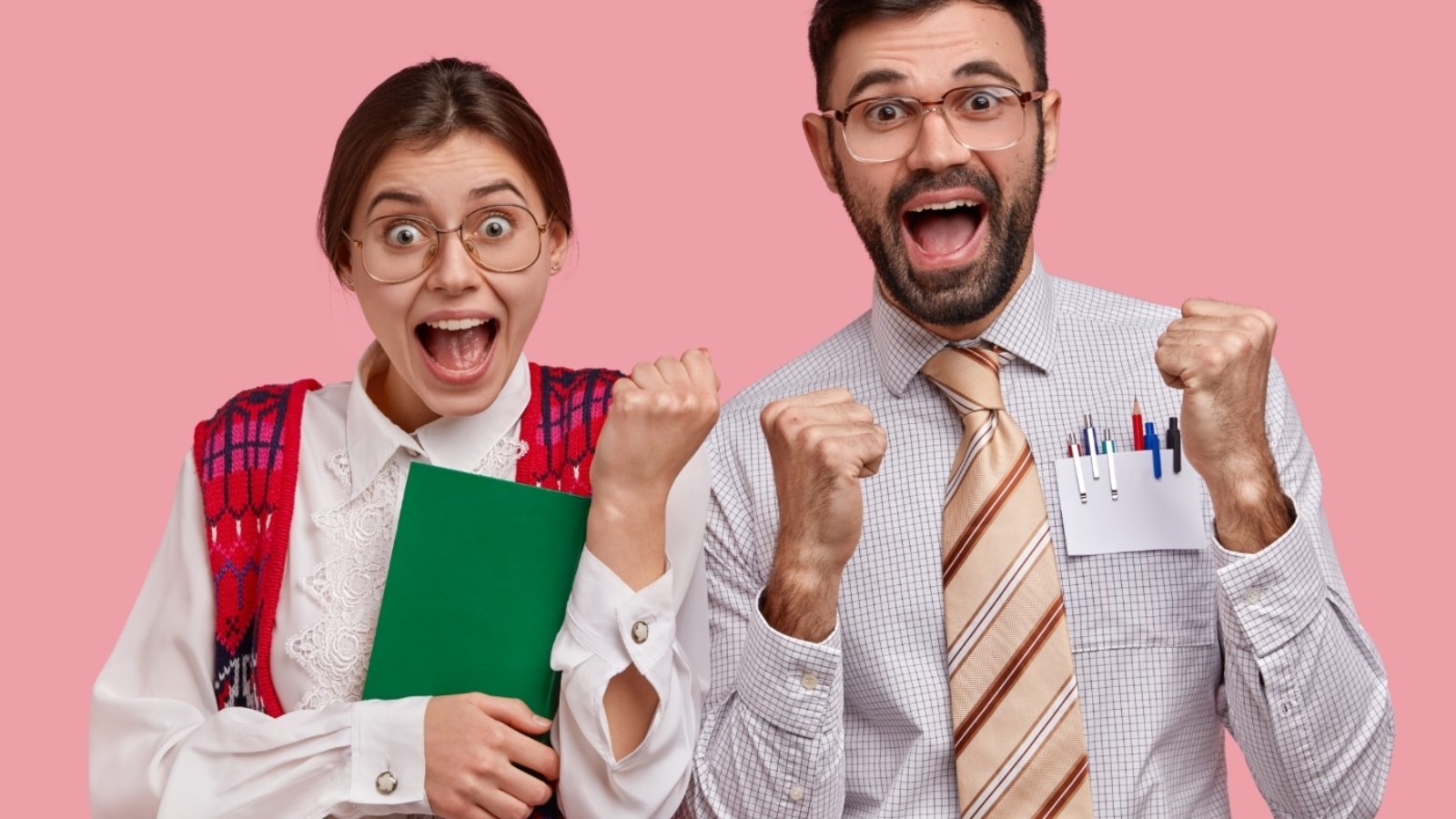 overjoyed-clumsy-woman-man-nerds-clench-fists-celebrate-finishing-preparing-seminar-wear-spectacles-elegant-old-clothes-carry-textbook-1600x900